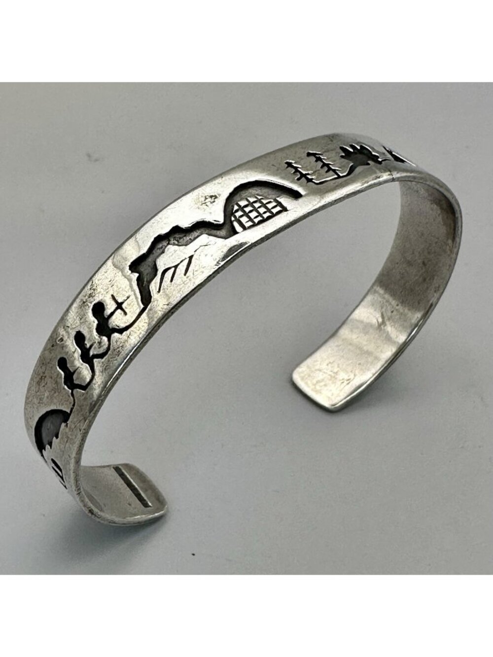 Native American Storyteller Cuff Bracelet Sterling Silver Overlay 6.5 Adjustable